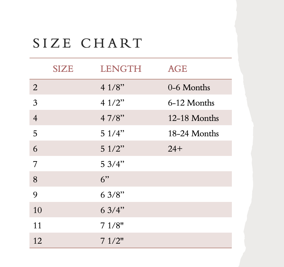 Size chart for clothing with size, length, and age ranges.