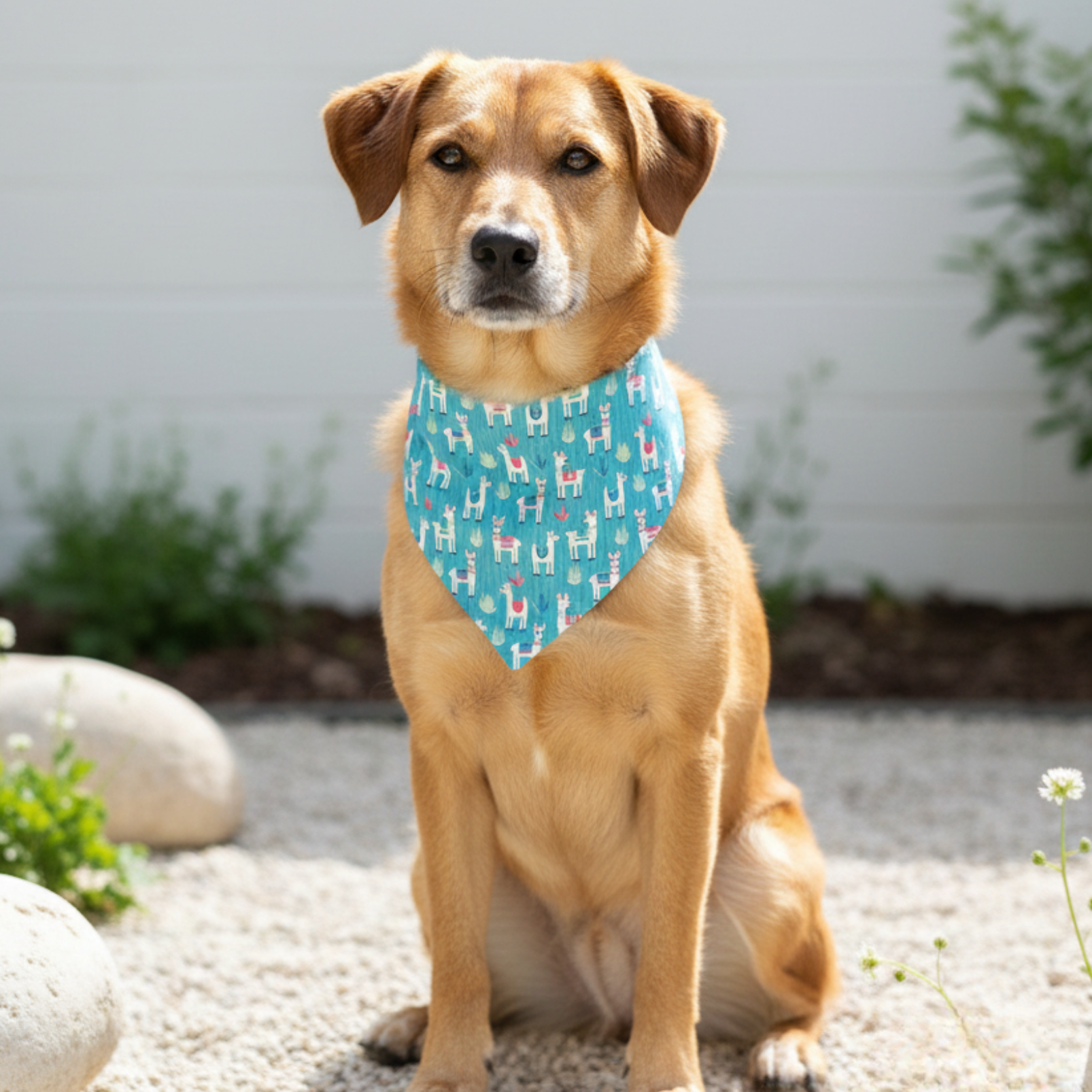 Dog wearing a blue bandana with a pattern, sitting outdoors on a pebbled surface.