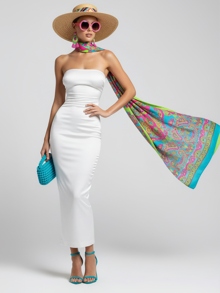 Tribeca Long Skirt Dress With Asymmetric Style And Slim Fit Design – White