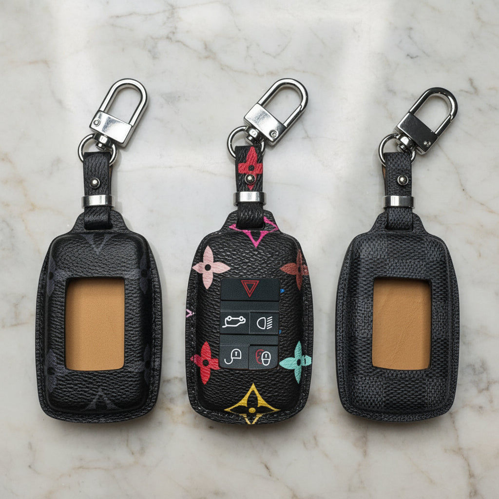 Three keychain cases on a wooden surface
