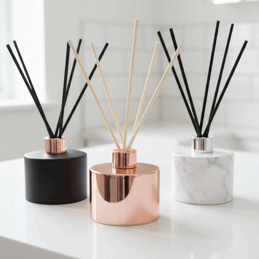 Three diffusers with black reeds on a white surface