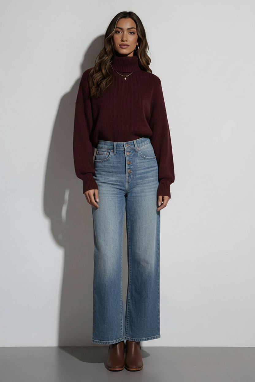A woman stands against a light gray wall wearing a dark burgundy turtleneck sweater and light blue wide-leg jeans. A 'bitStudio' watermark is visible at the bottom.