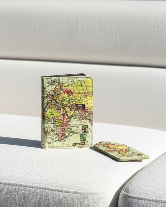 Map-themed passport holder and luggage tag on a textured surface
