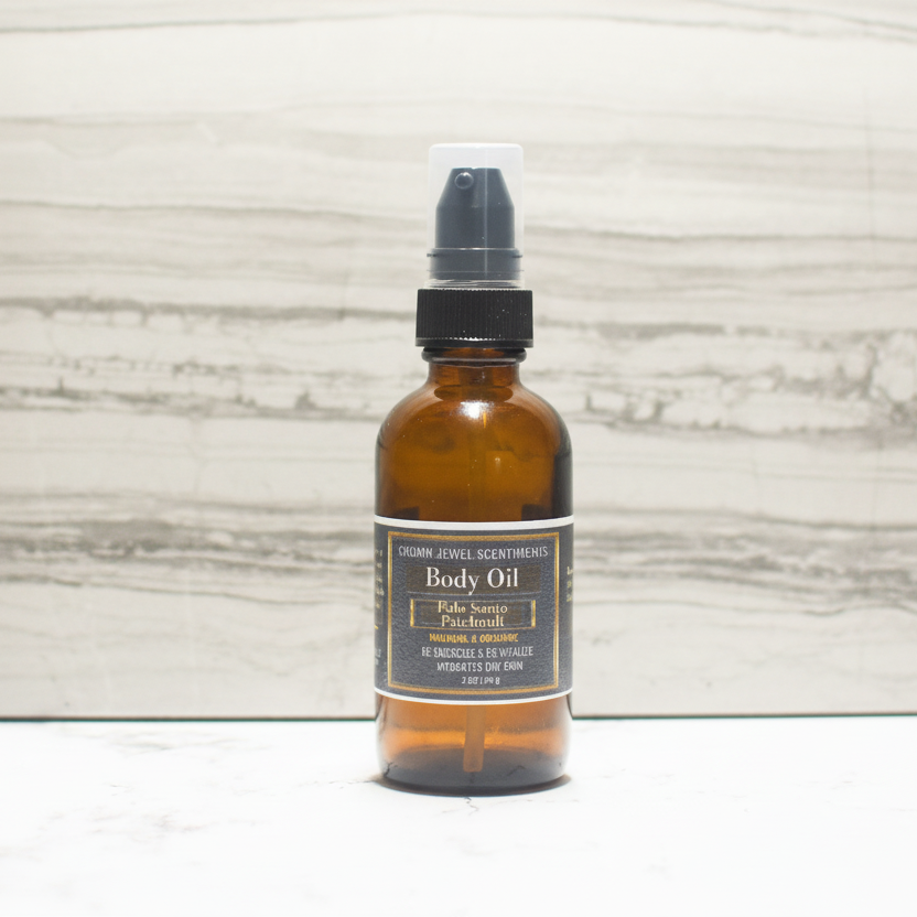 Brown glass bottle with spray nozzle on a light wooden surface