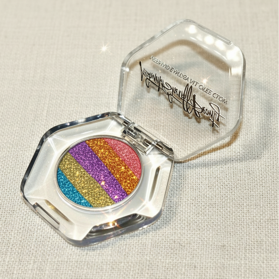 Compact with colorful powder and a visible brand logo on a white background