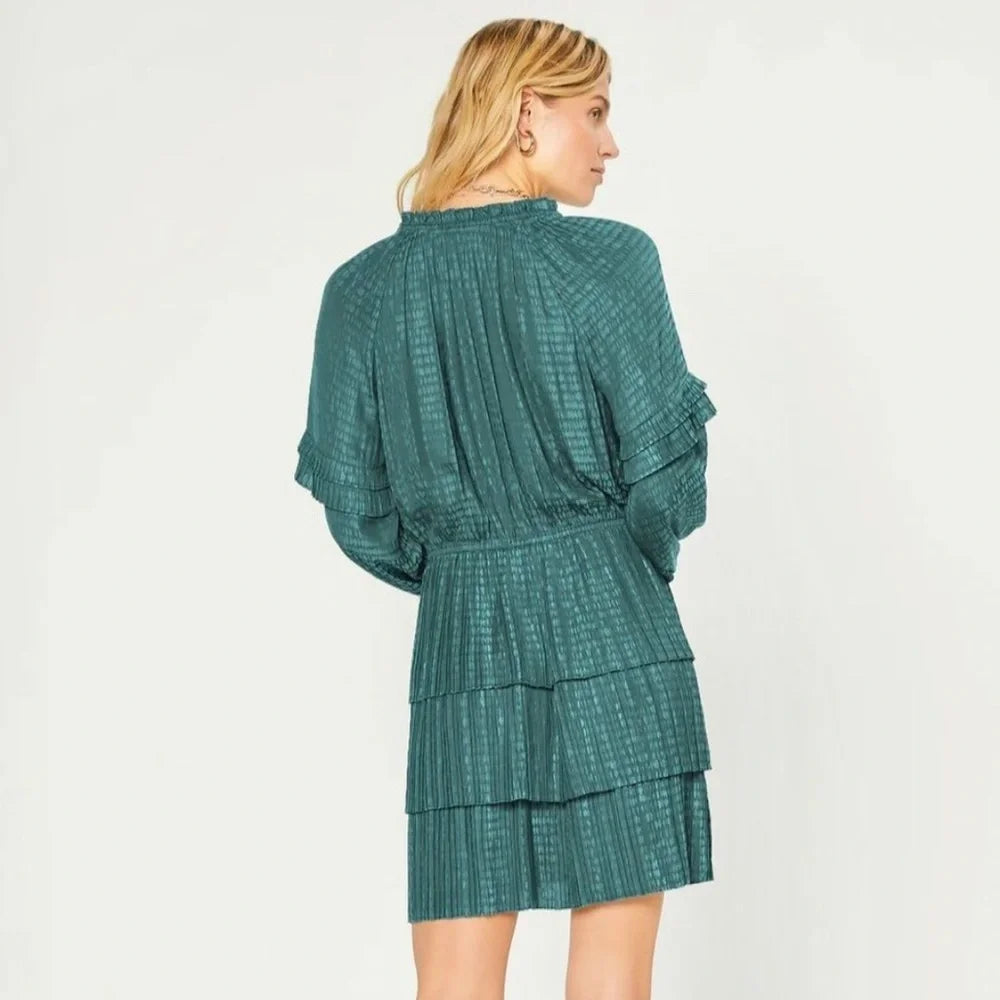 Anthropologie Current Air Pleated Tiered Jacquard Mini Dress – Jade Green