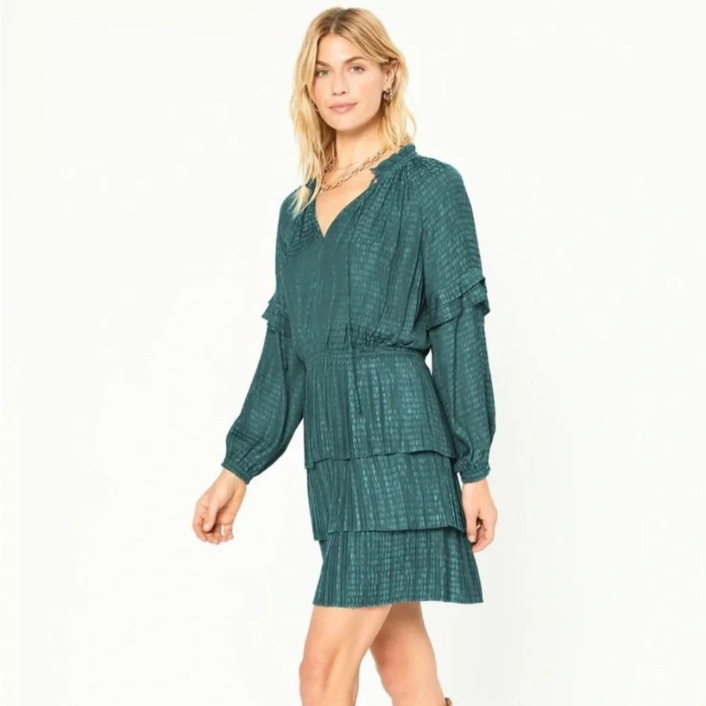 Anthropologie Current Air Pleated Tiered Jacquard Mini Dress – Jade Green