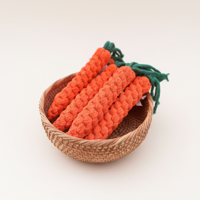 Three knitted orange carrots with green stems in a woven basket on a white background