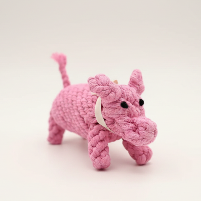 Pink knitted toy resembling a pig on a white background