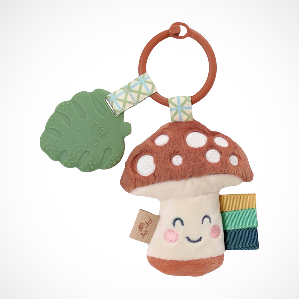 Mushroom-shaped toy with a teether and rattle on a white background