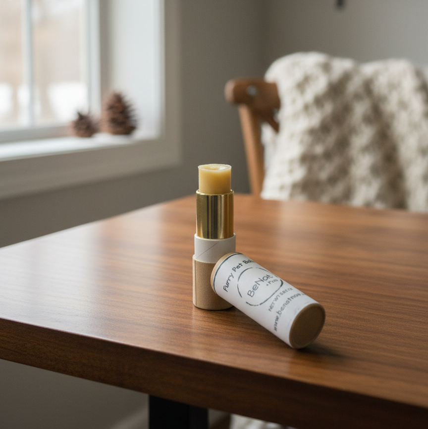 Candle and packaging on a wooden table with a window and chair in the background