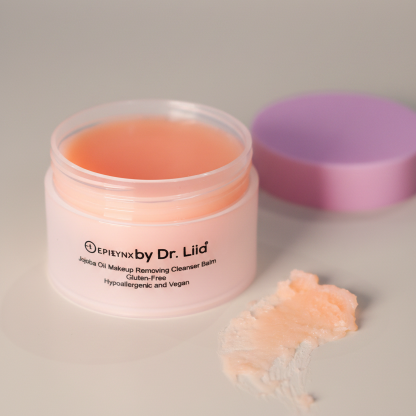 Jar of makeup remover balm with a purple lid on a neutral background