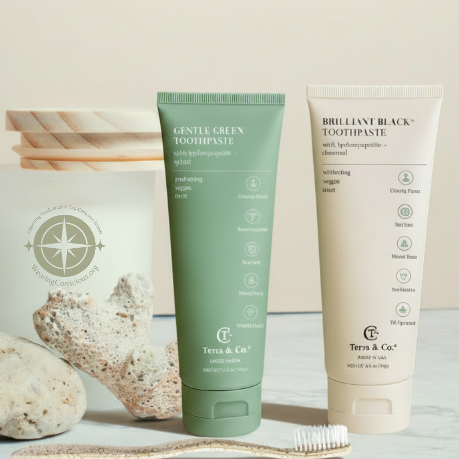 Cosmetic products including a bottle, toothpaste, and brush on a light surface with a neutral background.