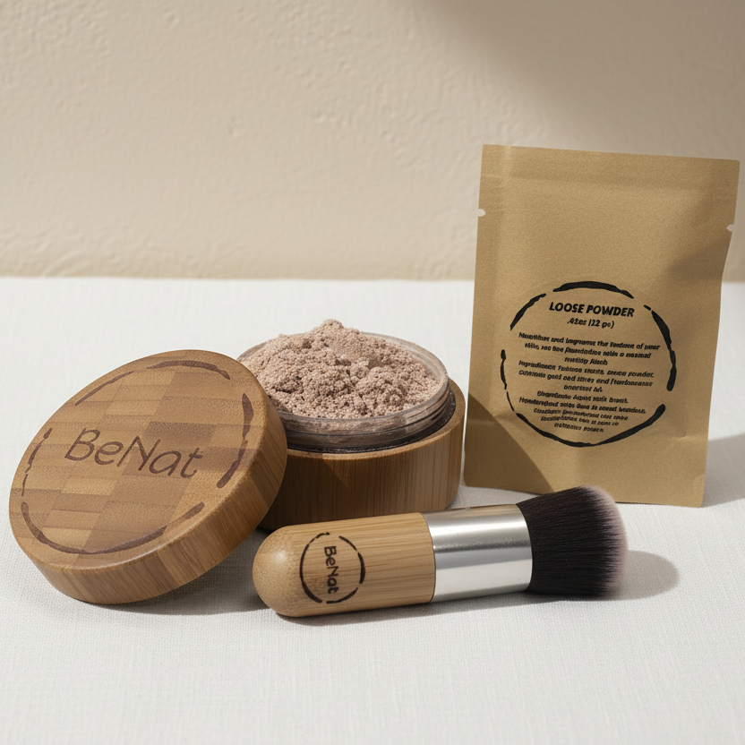 Refillable Translucent Loose Powder Set with Bamboo Case, Powder, Brush + Refill