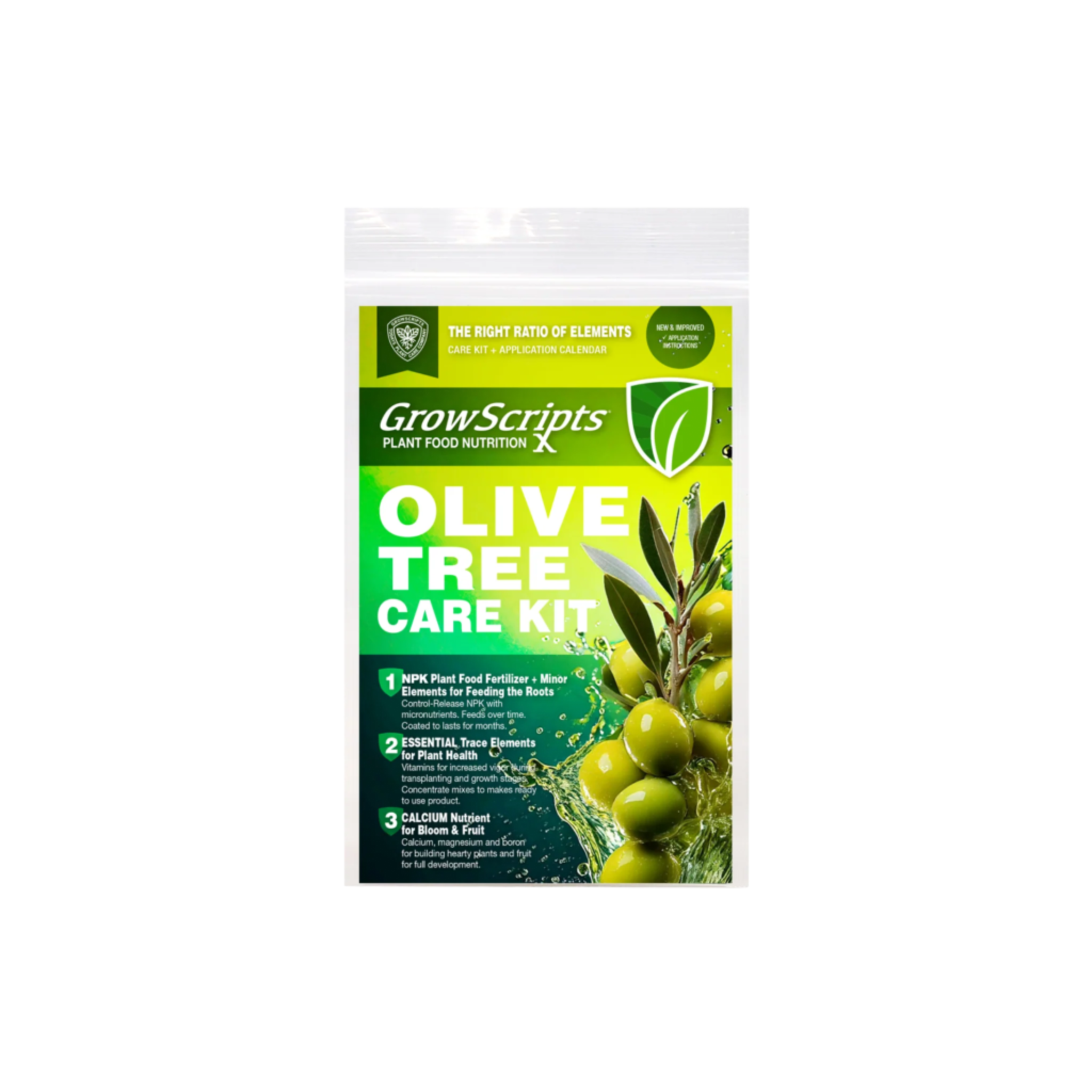 Grow Scripts Olive Tree Care Kit packaging on a white background