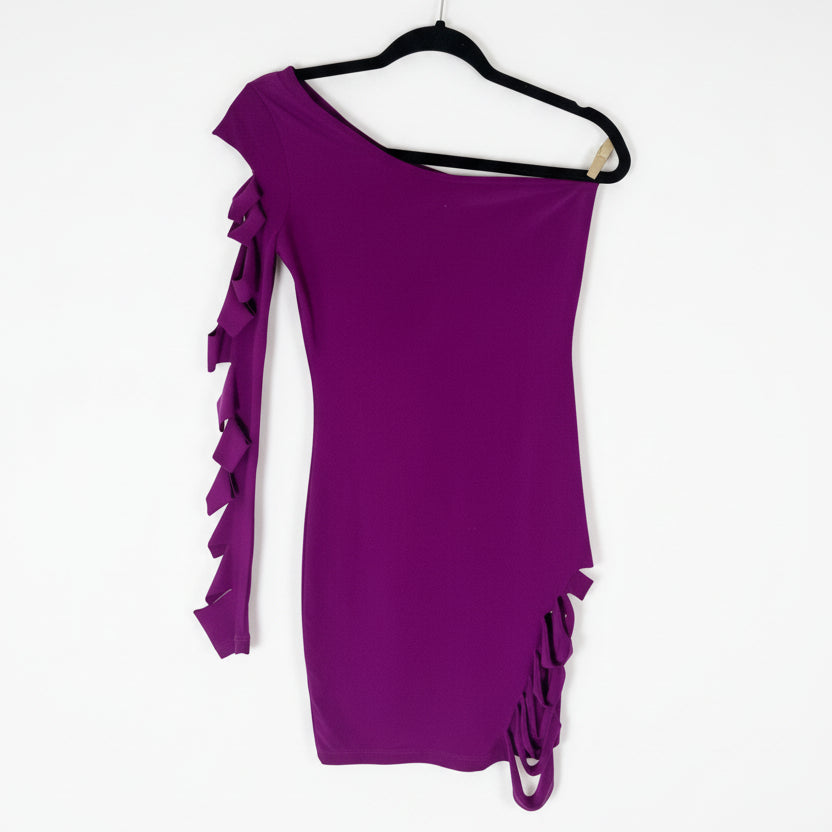 Purple one-shoulder dress with ruffled details on a hanger against a white background