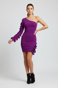 Woman wearing a purple one-shoulder dress with fringe details on a white background