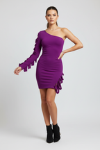 Woman wearing a purple one-shoulder dress with fringe details on a white background