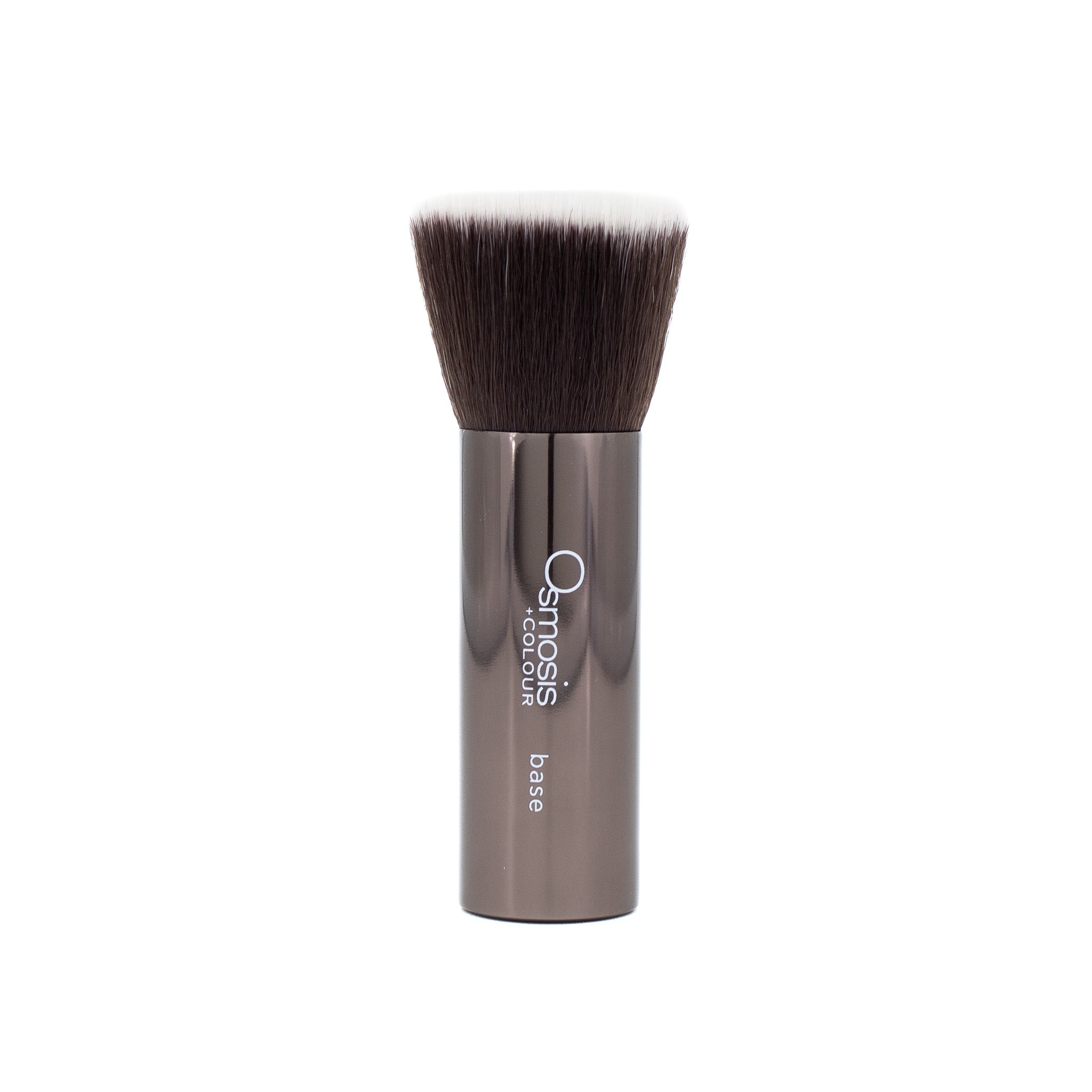 Makeup brush with brown bristles and a metallic handle on a white background
