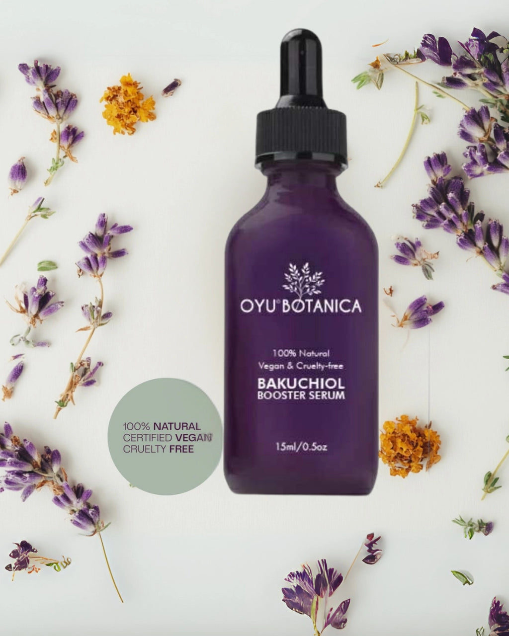 Oyu Botanica Bakuchiol Booster Serum bottle with flowers on a white background