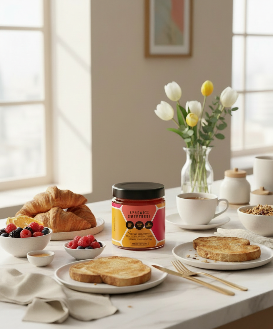 Breakfast table with croissants, coffee, and a jar of spread on a light-colored surface.
