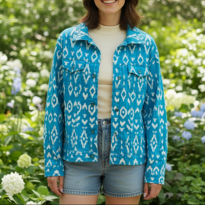 Woman wearing a blue patterned shirt standing in a room with a lamp and window.