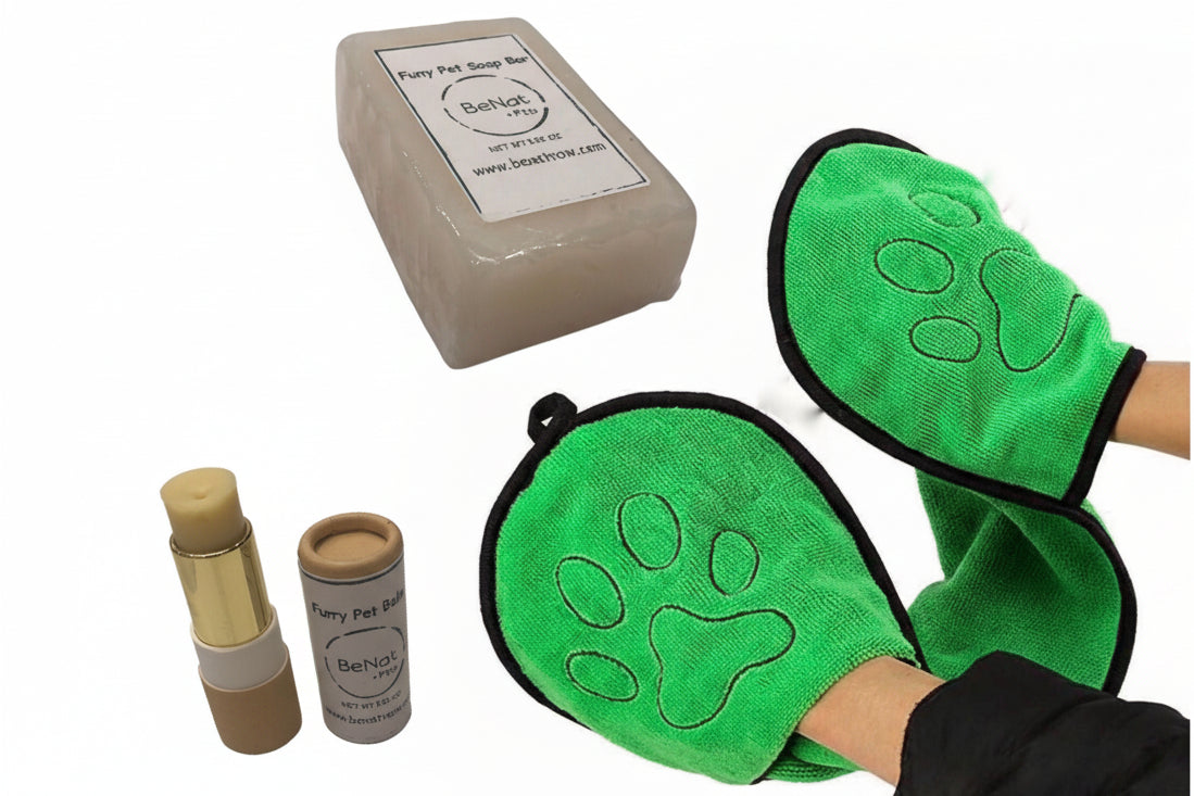 Green pet grooming mitts with paw design, soap bar, and two small containers on a white background.