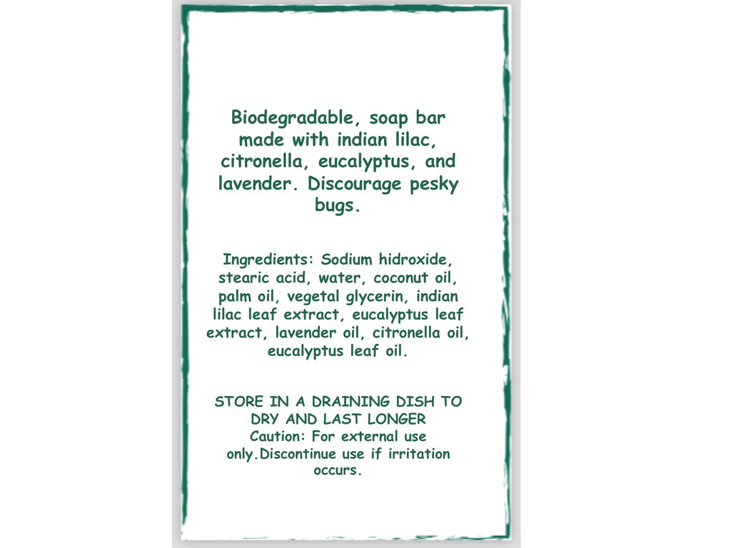Product label with text about a biodegradable soap bar made with essential oils on a white background.