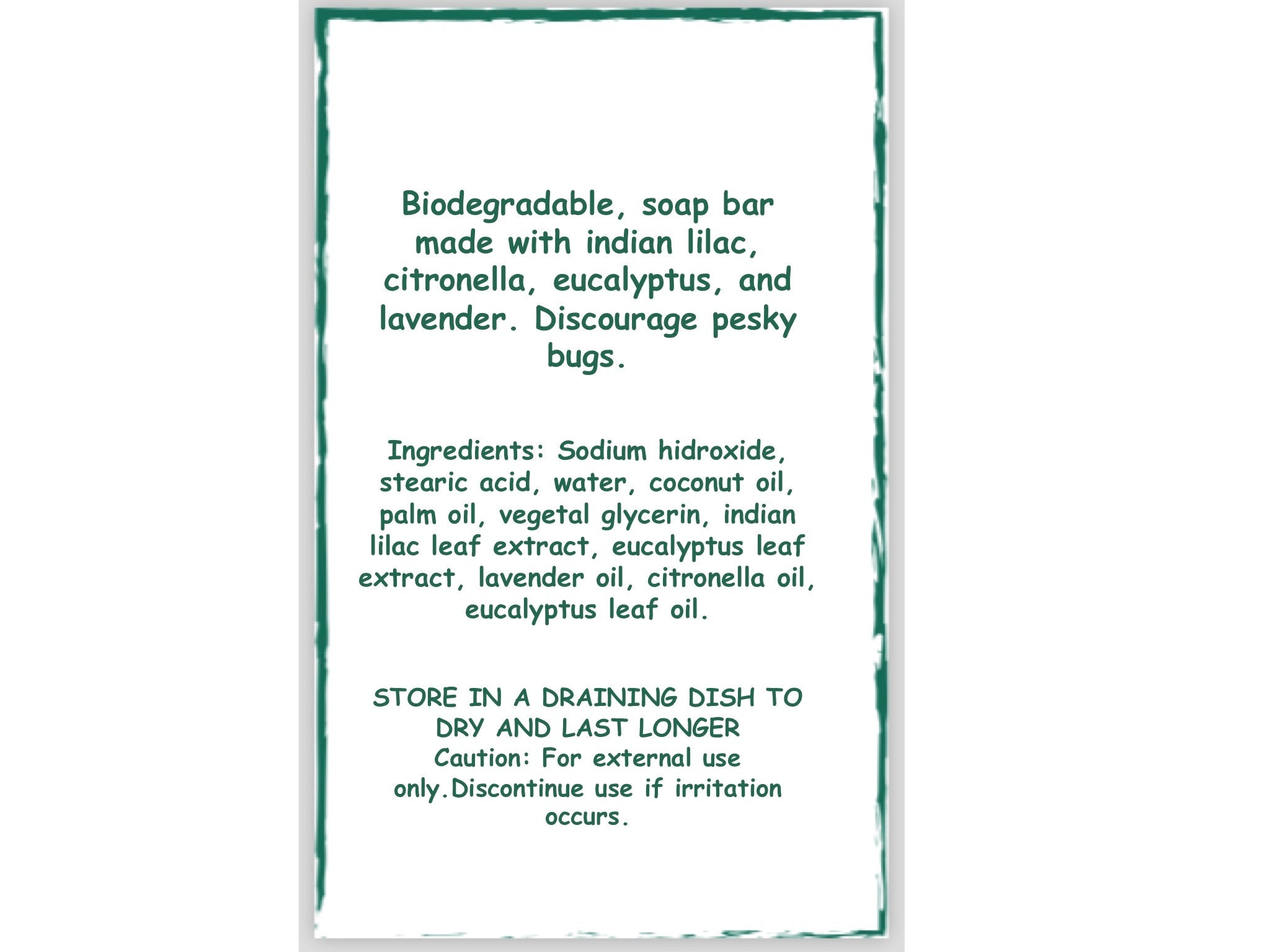 Product label with text about a biodegradable soap bar made with essential oils on a white background.