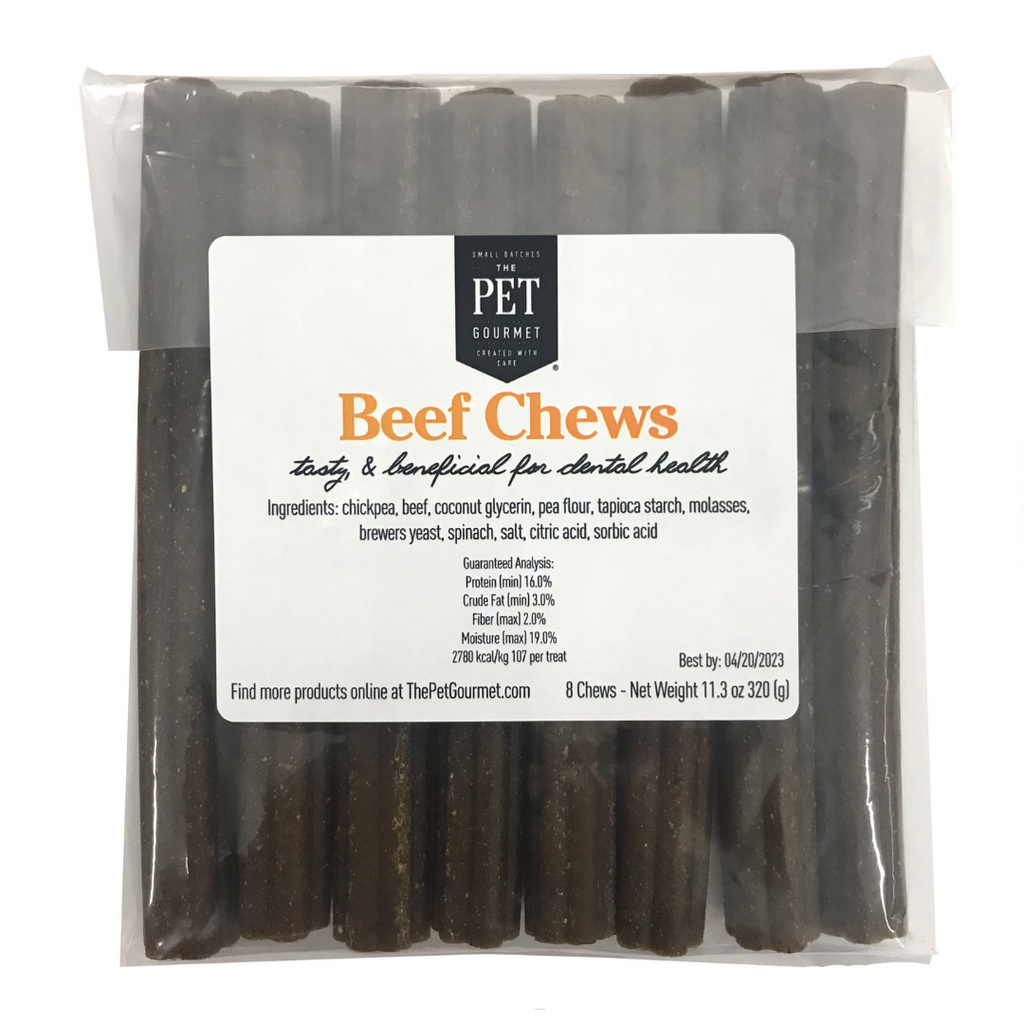 Package of Pet Gourmet Beef Chews with label on a white background