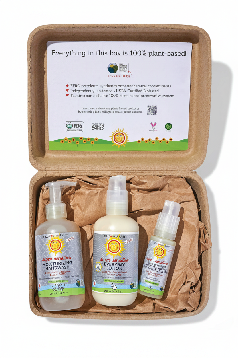 Set of three plant-based products in a cardboard box with promotional text.