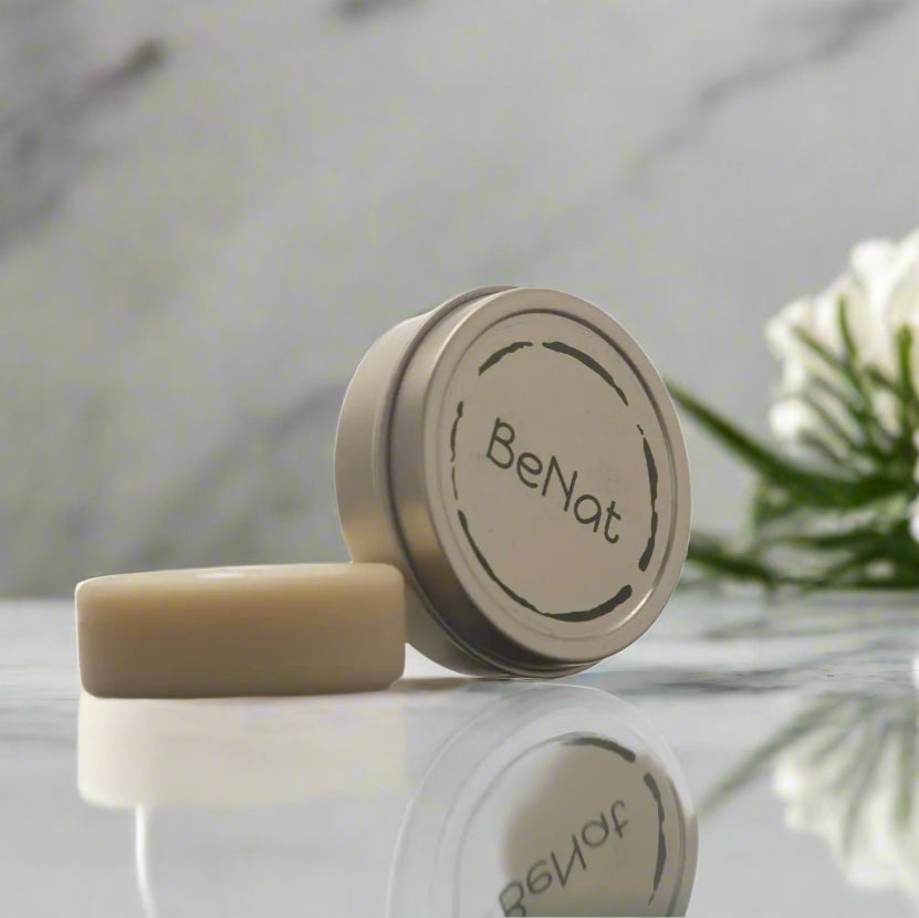 BeNat container with a beige bar of soap on a white background