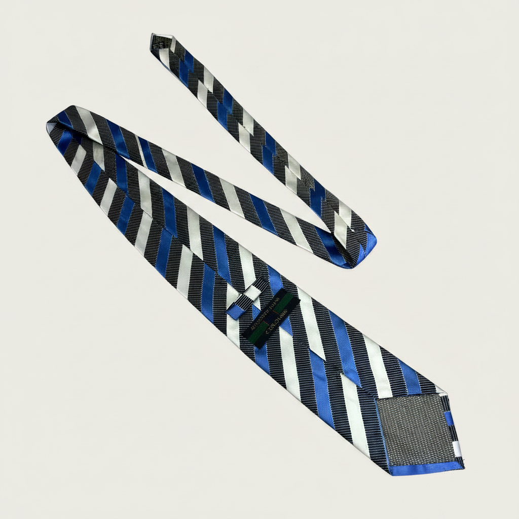 Striped tie with blue, black, and gray pattern on a beige background