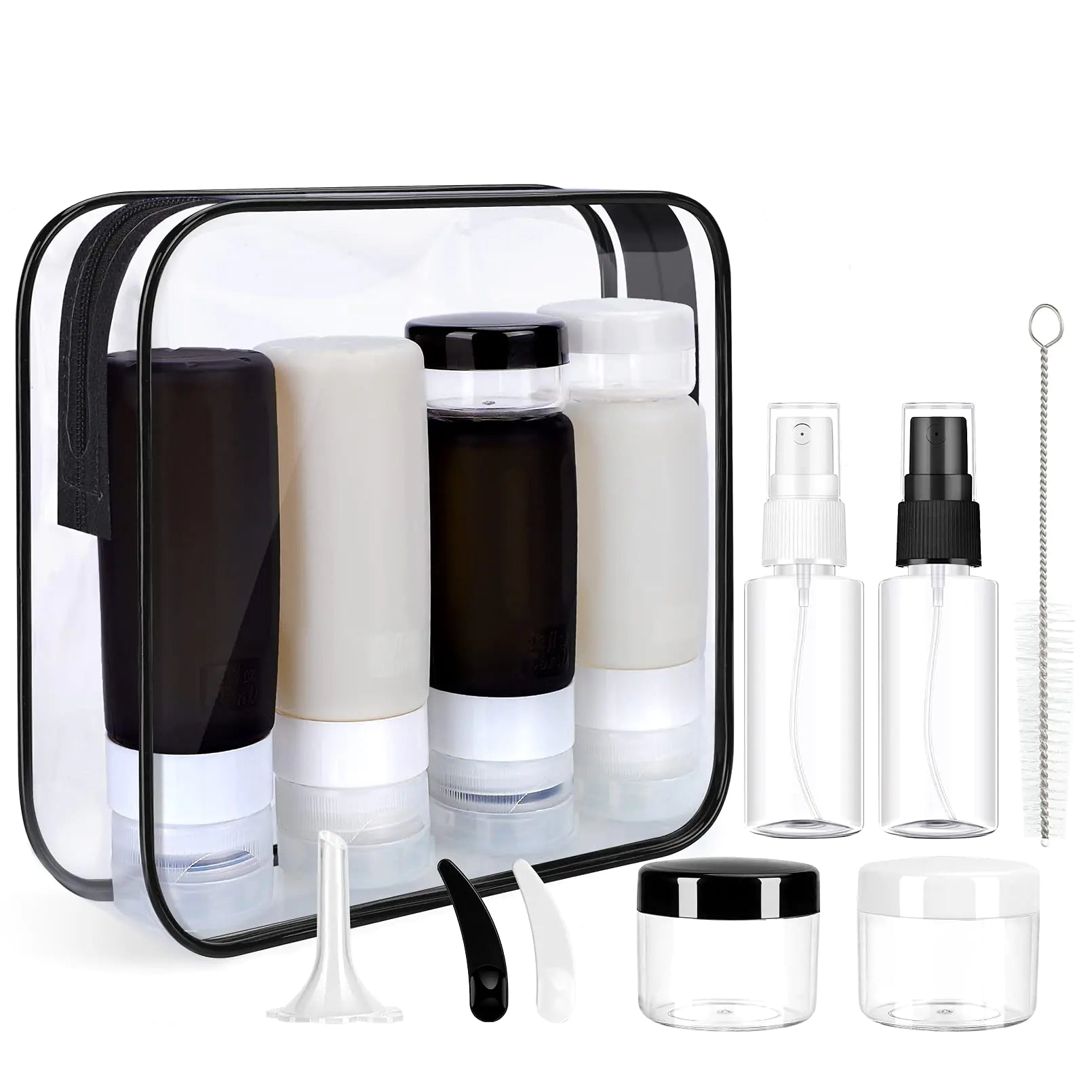 Complete travel toiletries organizer with funnel