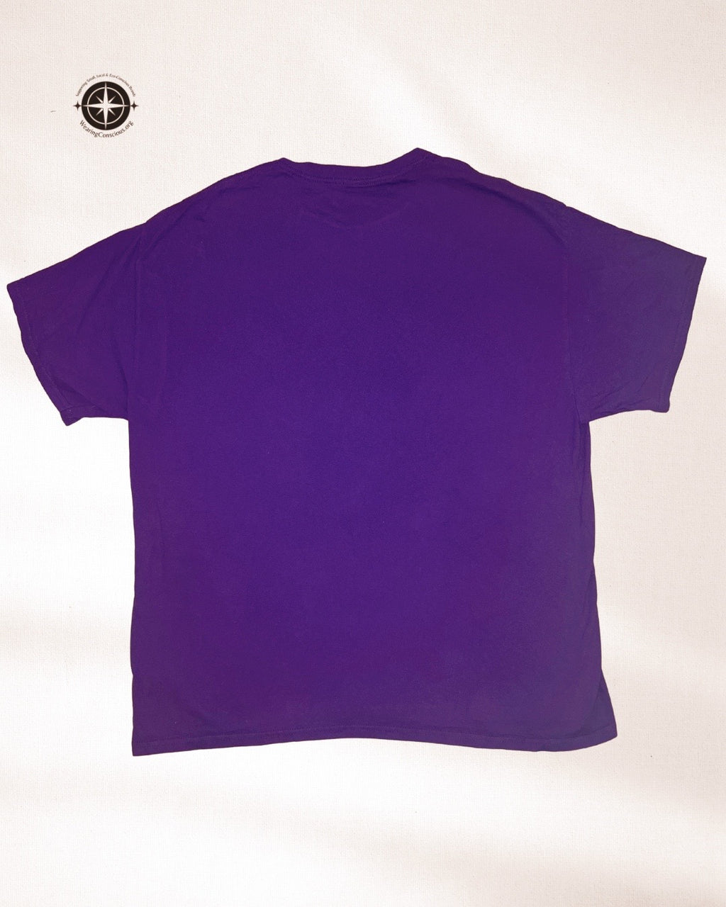 A solid purple short-sleeve t-shirt shown from the back, laid flat against a light off-white background. A black and white compass logo is visible in the top-left corner.
