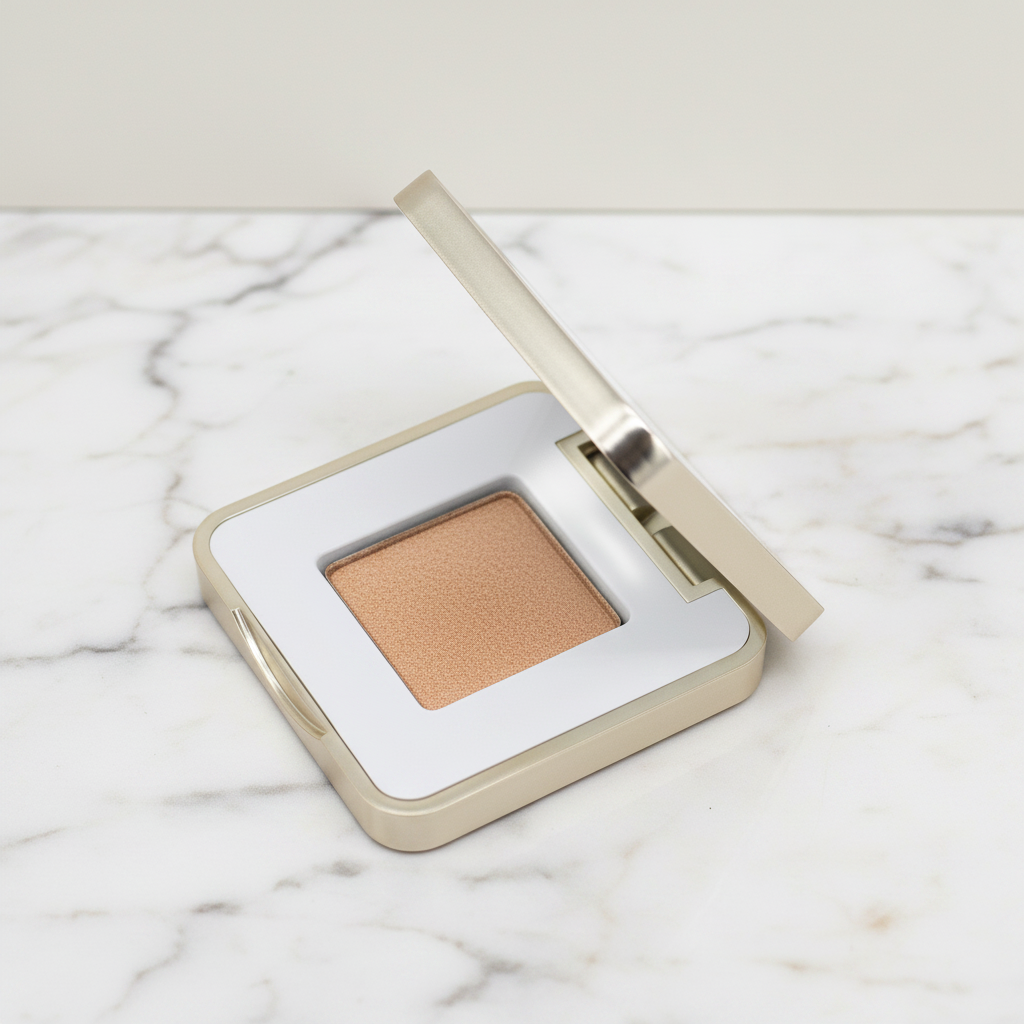 Single shimmery eyeshadow with a mirror on a marble surface