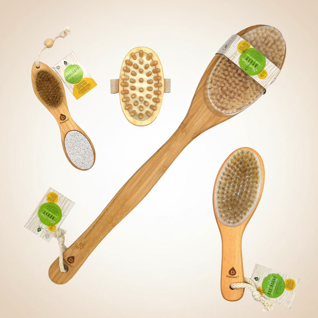 Set of wooden brushes with natural bristles on a beige background