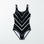 Black and white chevron patterned swimsuit on a white background