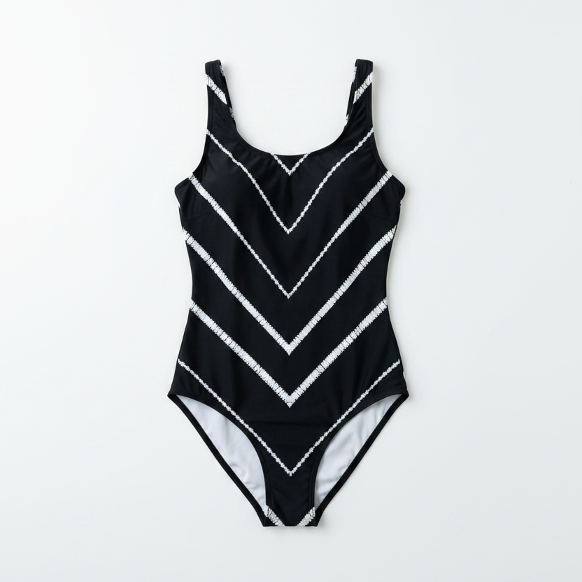 Black and white chevron patterned swimsuit on a white background