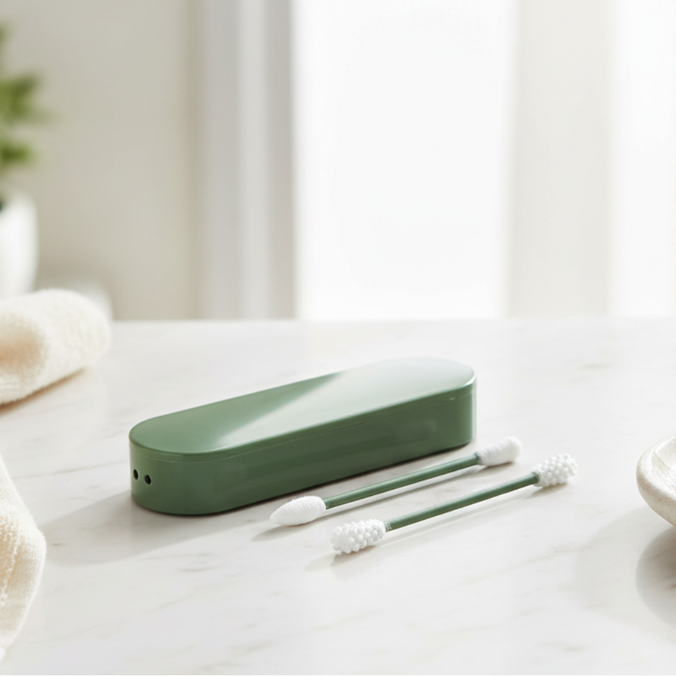 Green travel-sized toiletry case on a white surface with a plant and towel in the background