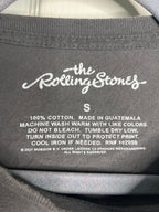 Close-up of a dark gray t-shirt collar showing the inner label with 'the Rolling Stones' logo in white script and care instructions.