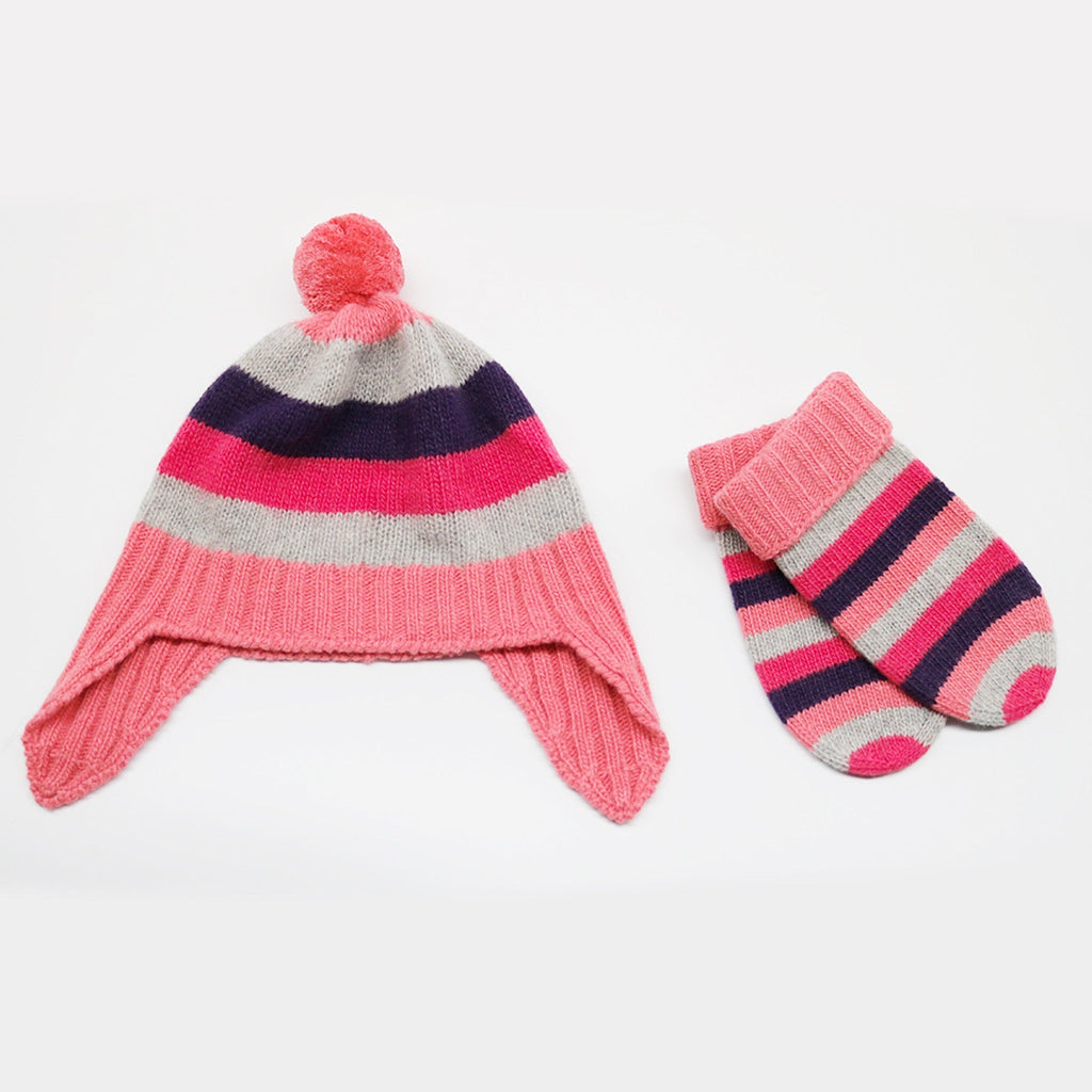 100% Cashmere Baby Striped Earflap Hat With Pom Pom