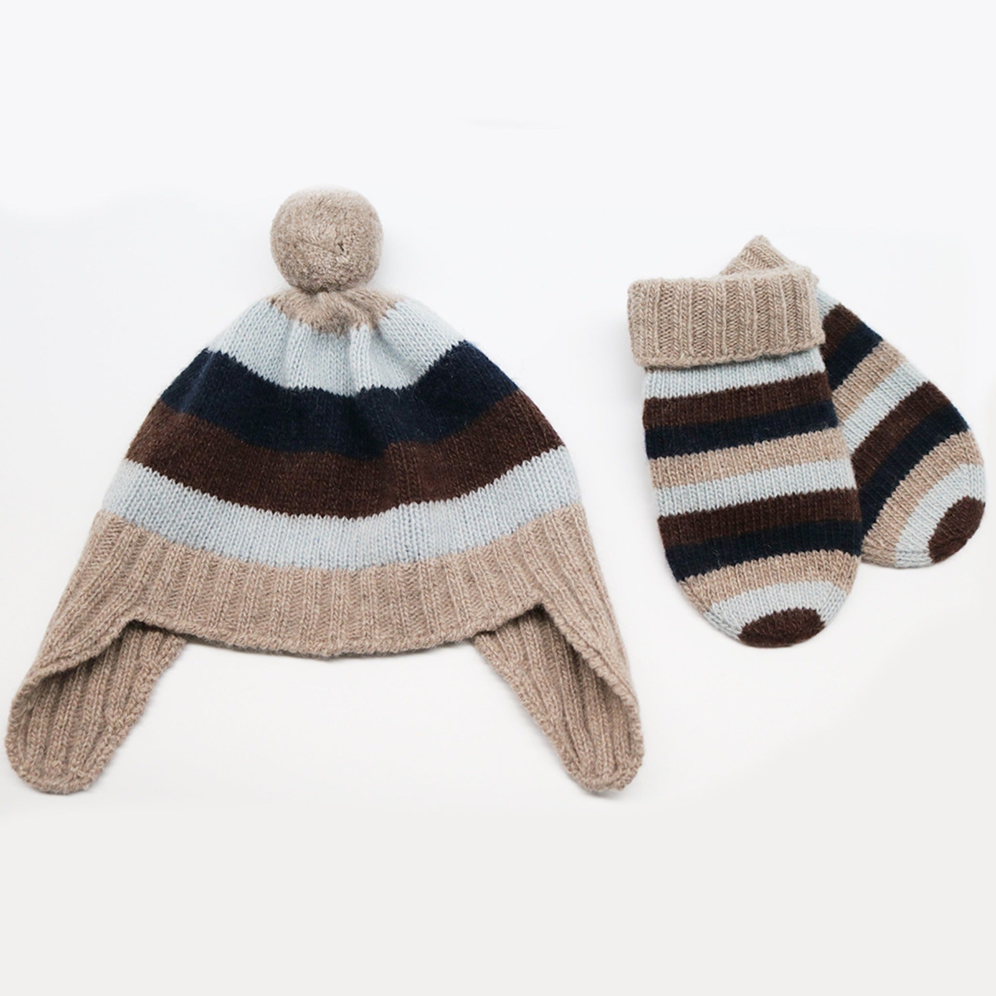 100% Cashmere Baby Striped Earflap Hat With Pom Pom