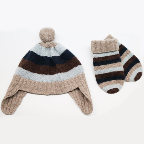 100% Cashmere Baby Striped Earflap Hat With Pom Pom