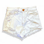 White denim shorts with frayed hem on a white background