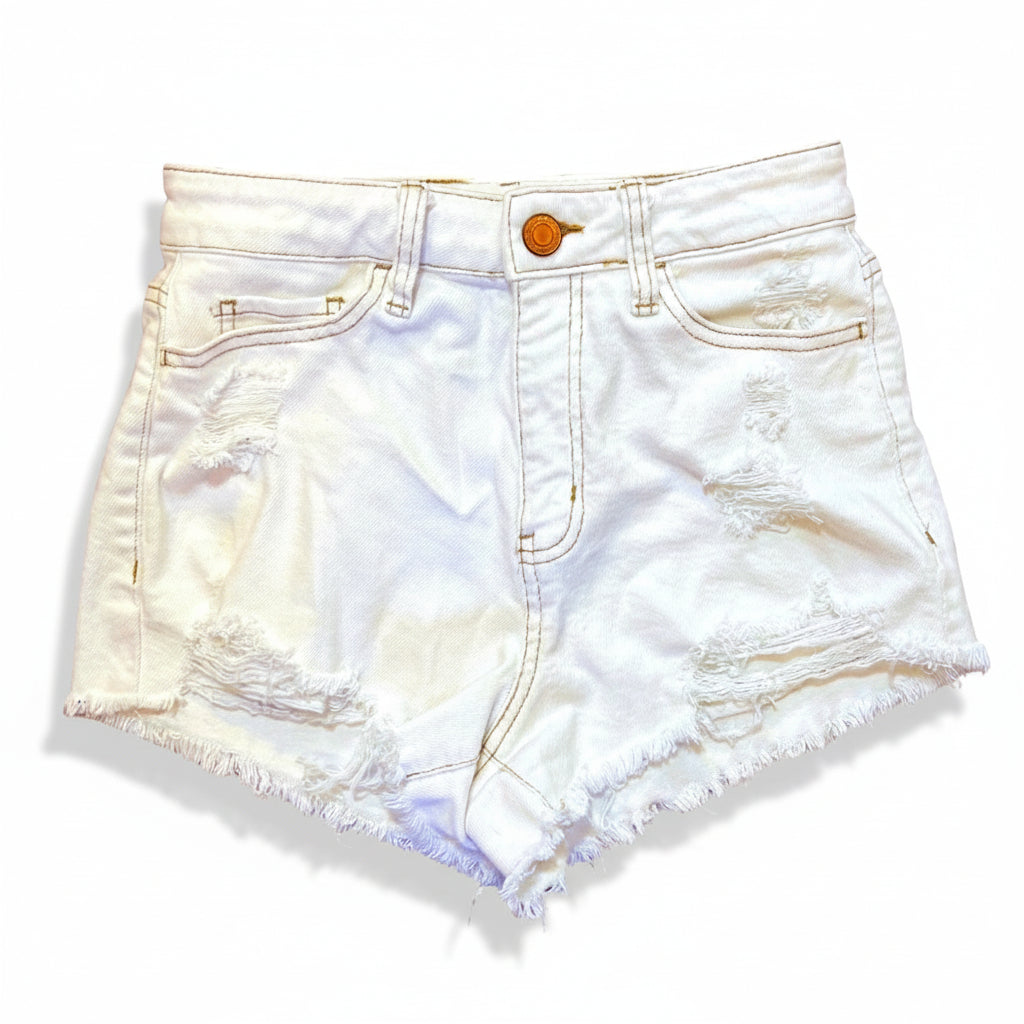 White denim shorts with frayed hem on a white background