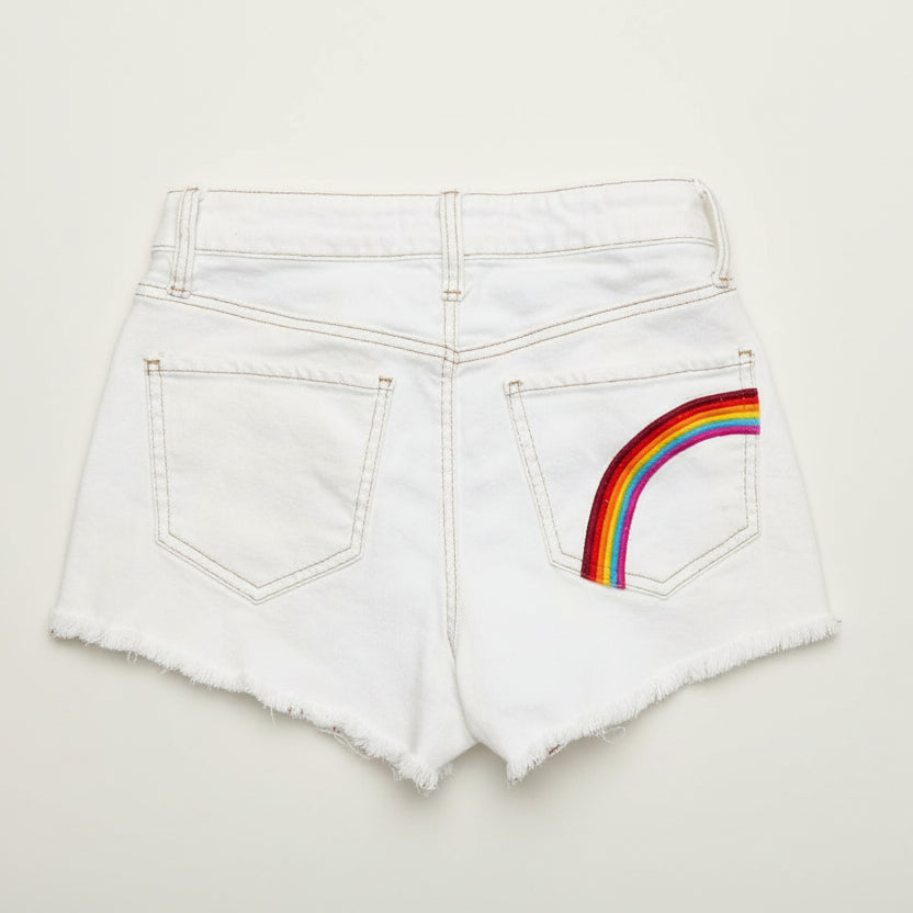 White denim shorts with a rainbow design on a white background