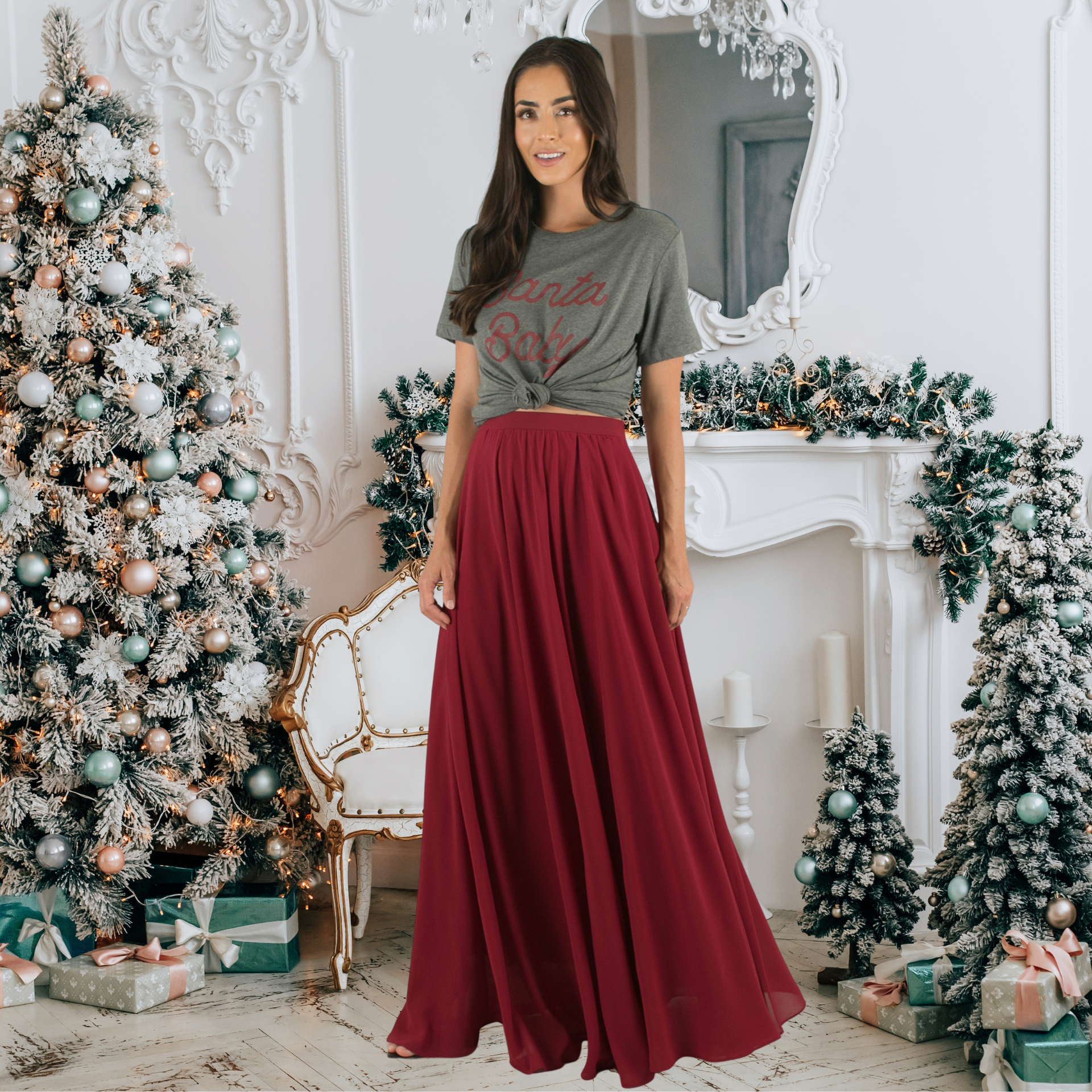 Sadie Flowy Chiffon Maxi Skirt – Crimson