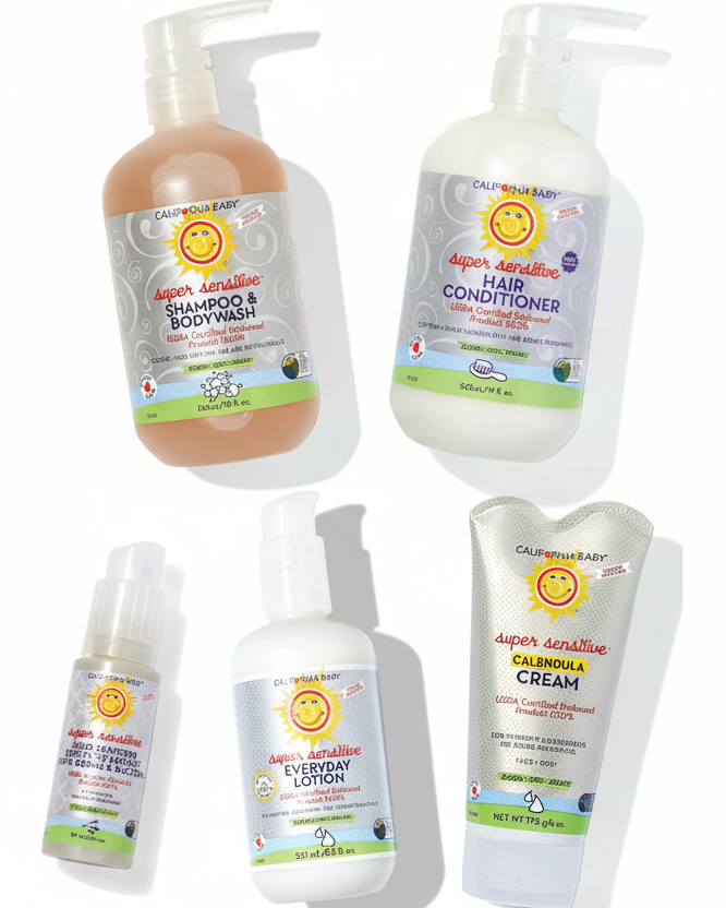 Collection of California Baby products including shampoo, body wash, conditioner, lotion, and cream 
