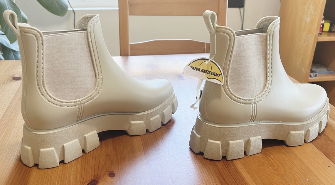 Pair of white chunky boots on a wooden floor